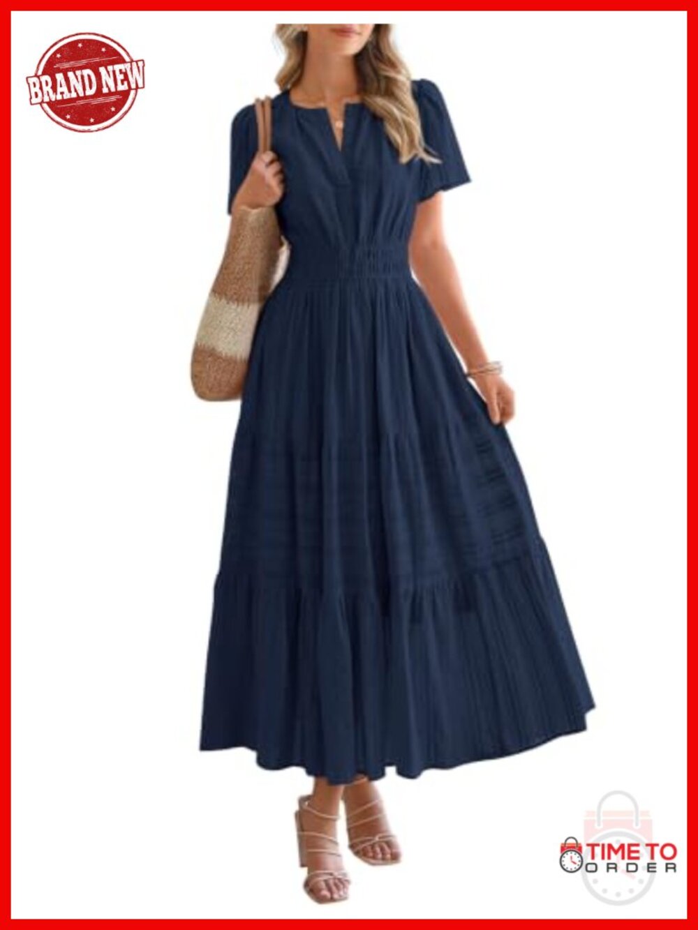 Women's Summer Maxi Dress Short Sleeve V Neck Tiered Ruffle A Line Pocket